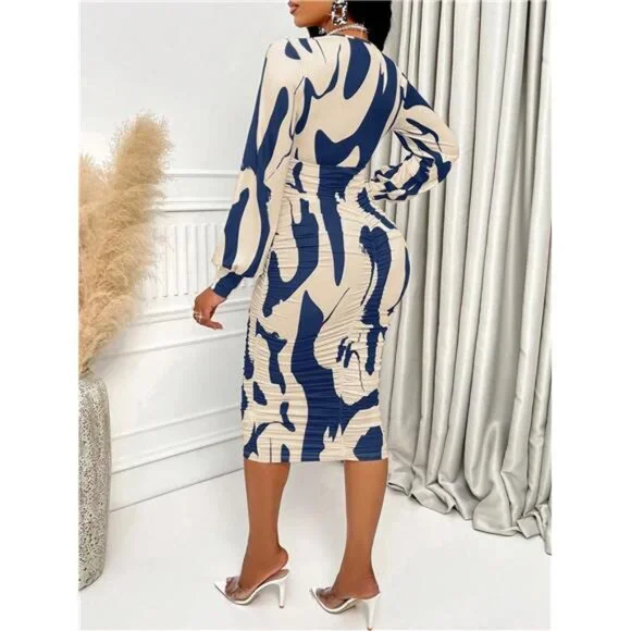 Autumn V-Neck Lantern Sleeve Pleated Elastic Waist Elegant Floral Print Dress